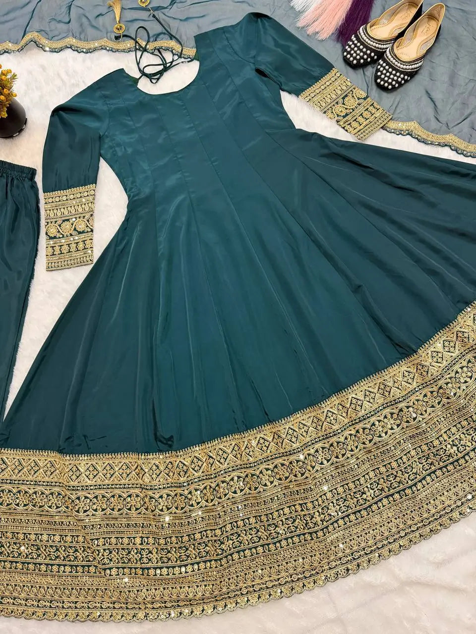 Teal Crepe Anarkali Set With Organza Dupatta