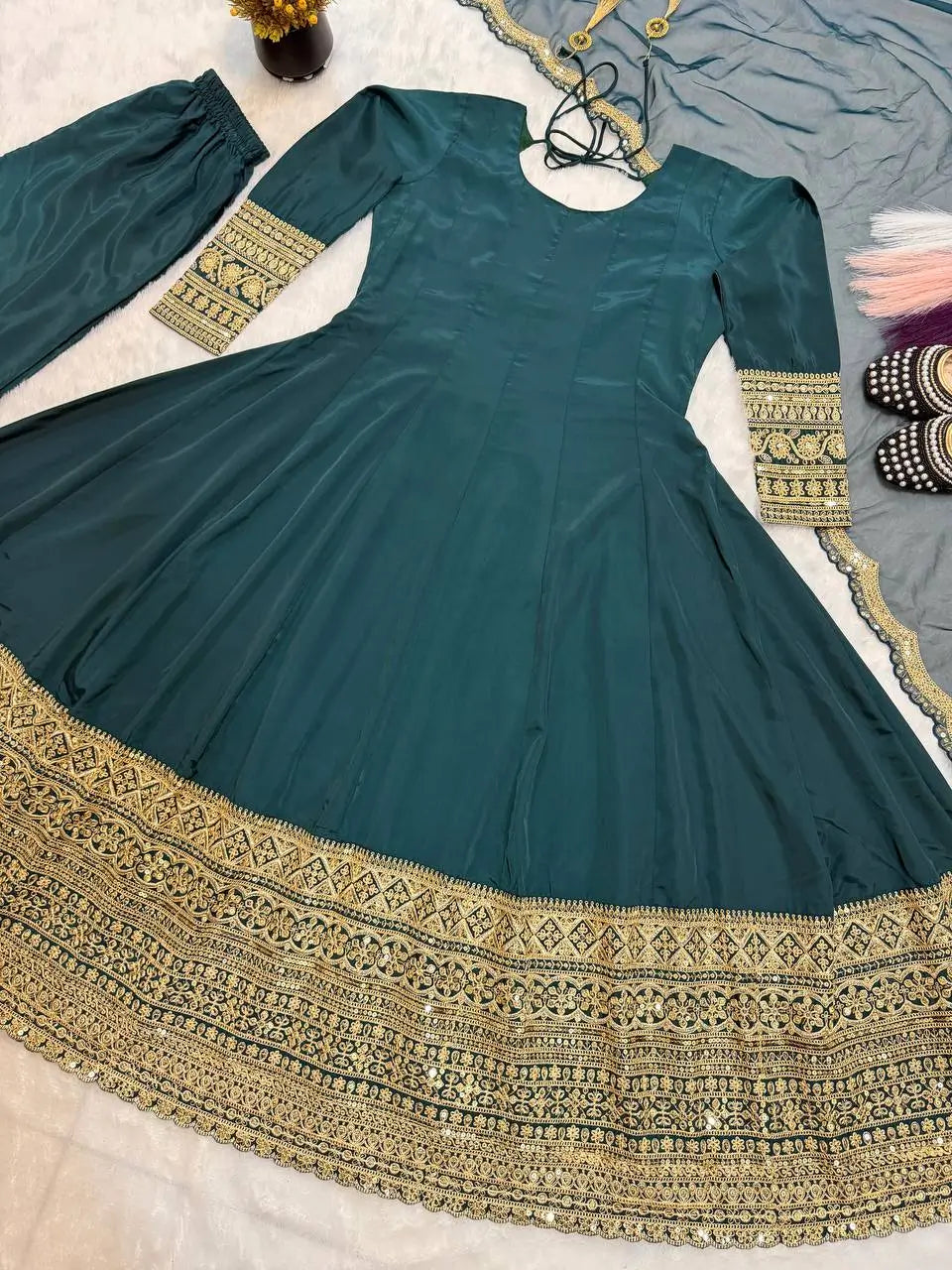 Teal Crepe Anarkali Set With Organza Dupatta
