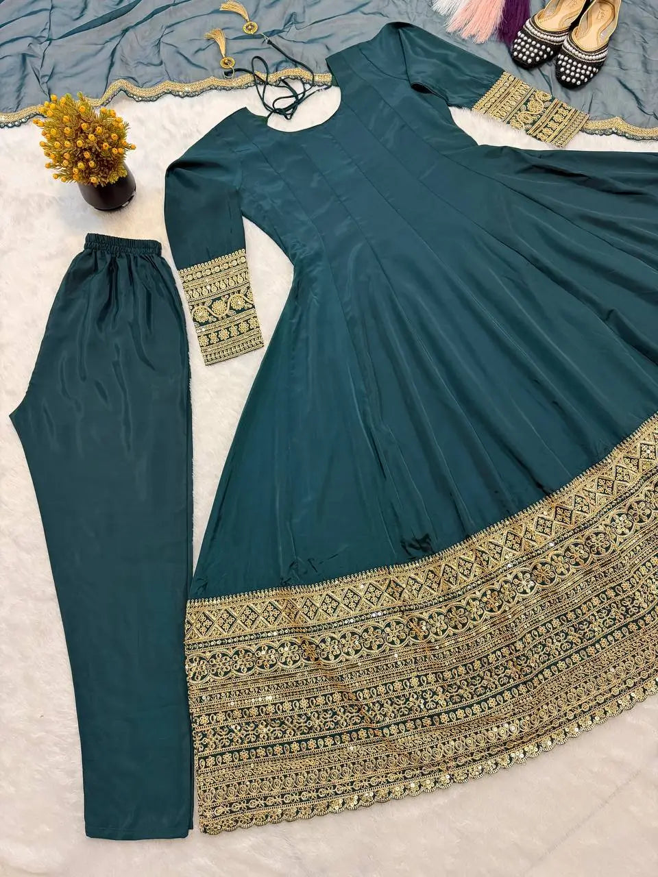 Teal Crepe Anarkali Set With Organza Dupatta