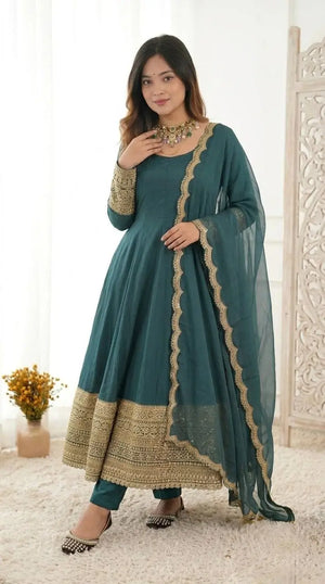 Teal Crepe Anarkali Set With Organza Dupatta