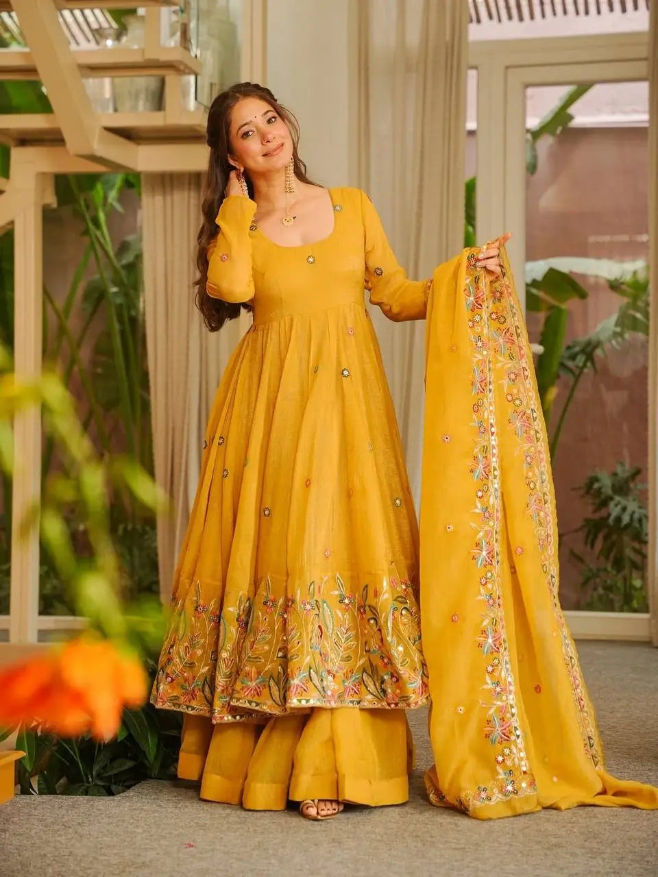 Teal Crunchy Silk Embroidered Gown Sharara Set with Dupatta