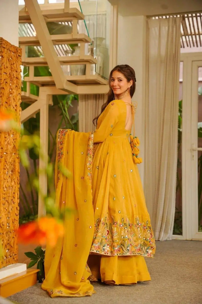 Teal Crunchy Silk Embroidered Gown Sharara Set with Dupatta
