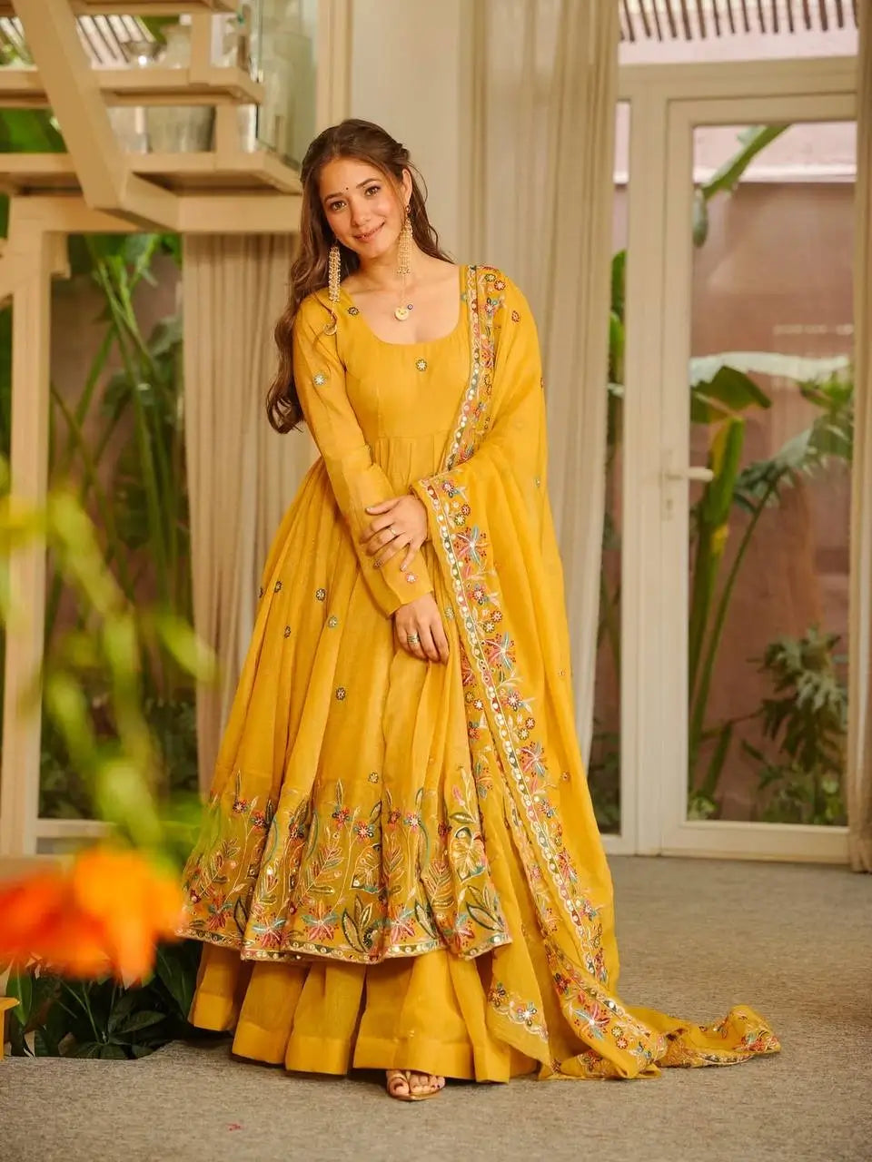 Teal Crunchy Silk Embroidered Gown Sharara Set with Dupatta