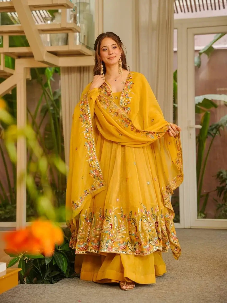 Teal Crunchy Silk Embroidered Gown Sharara Set with Dupatta