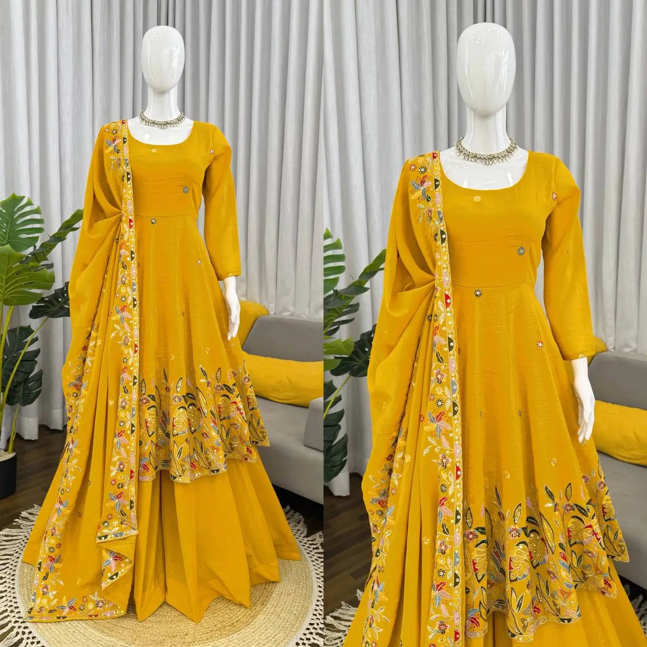 Teal Crunchy Silk Embroidered Gown Sharara Set with Dupatta