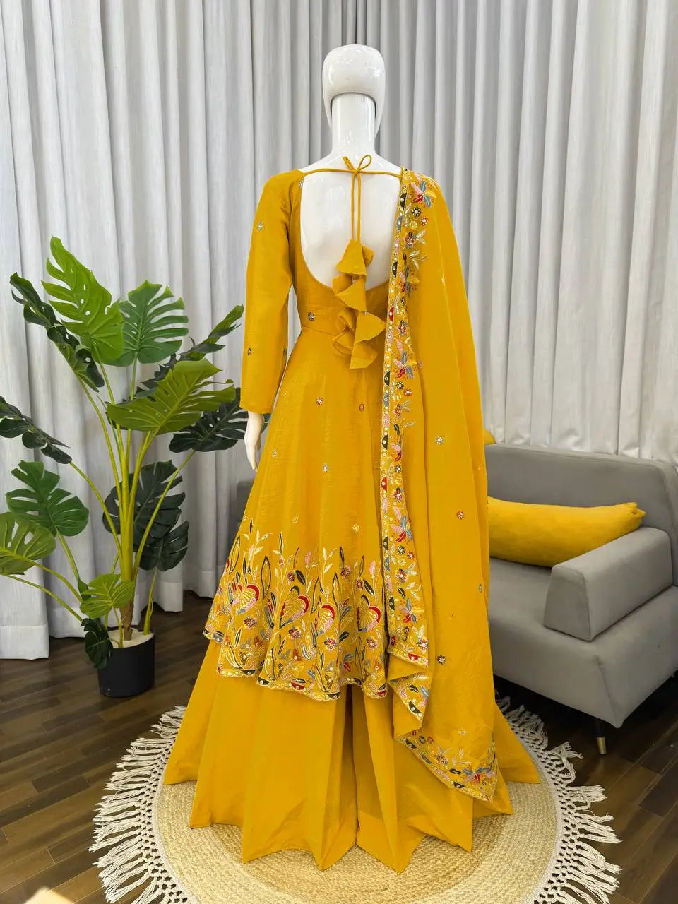 Teal Crunchy Silk Embroidered Gown Sharara Set with Dupatta