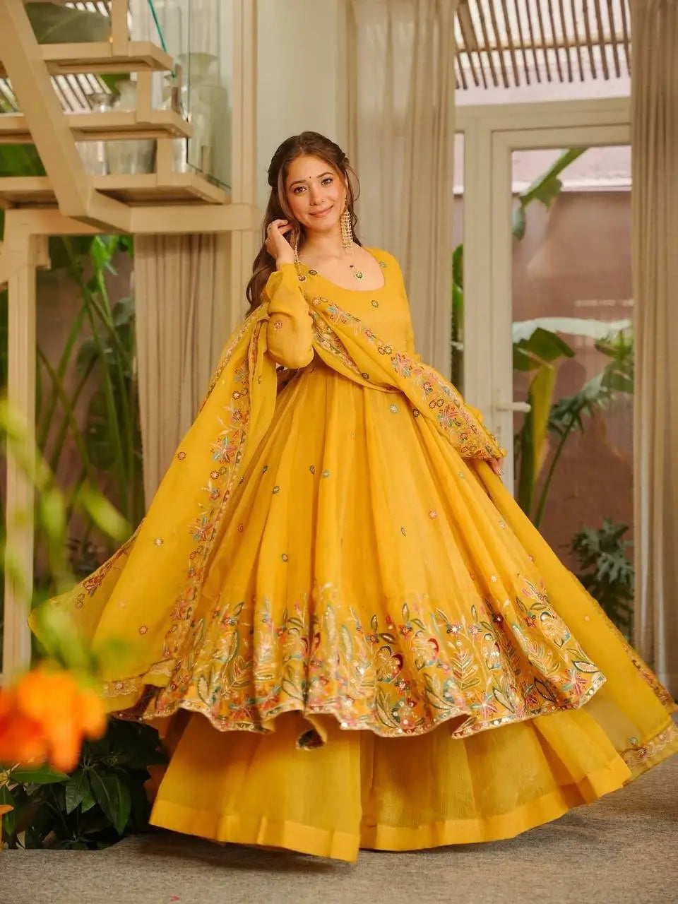 Teal Crunchy Silk Embroidered Gown Sharara Set with Dupatta