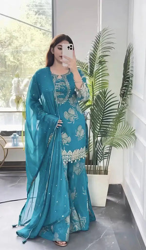 Teal Digital Print Sharara