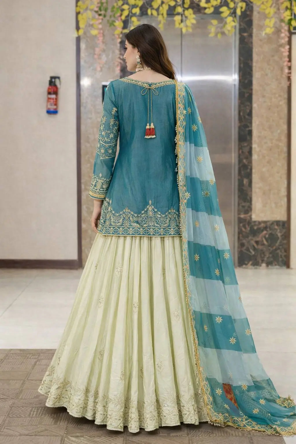 Teal Fandy Silk Embroidered Sequin Top with Crepe Silk Flared Lehenga & Printed Organza Dupatta | Wedding Festive Wear
