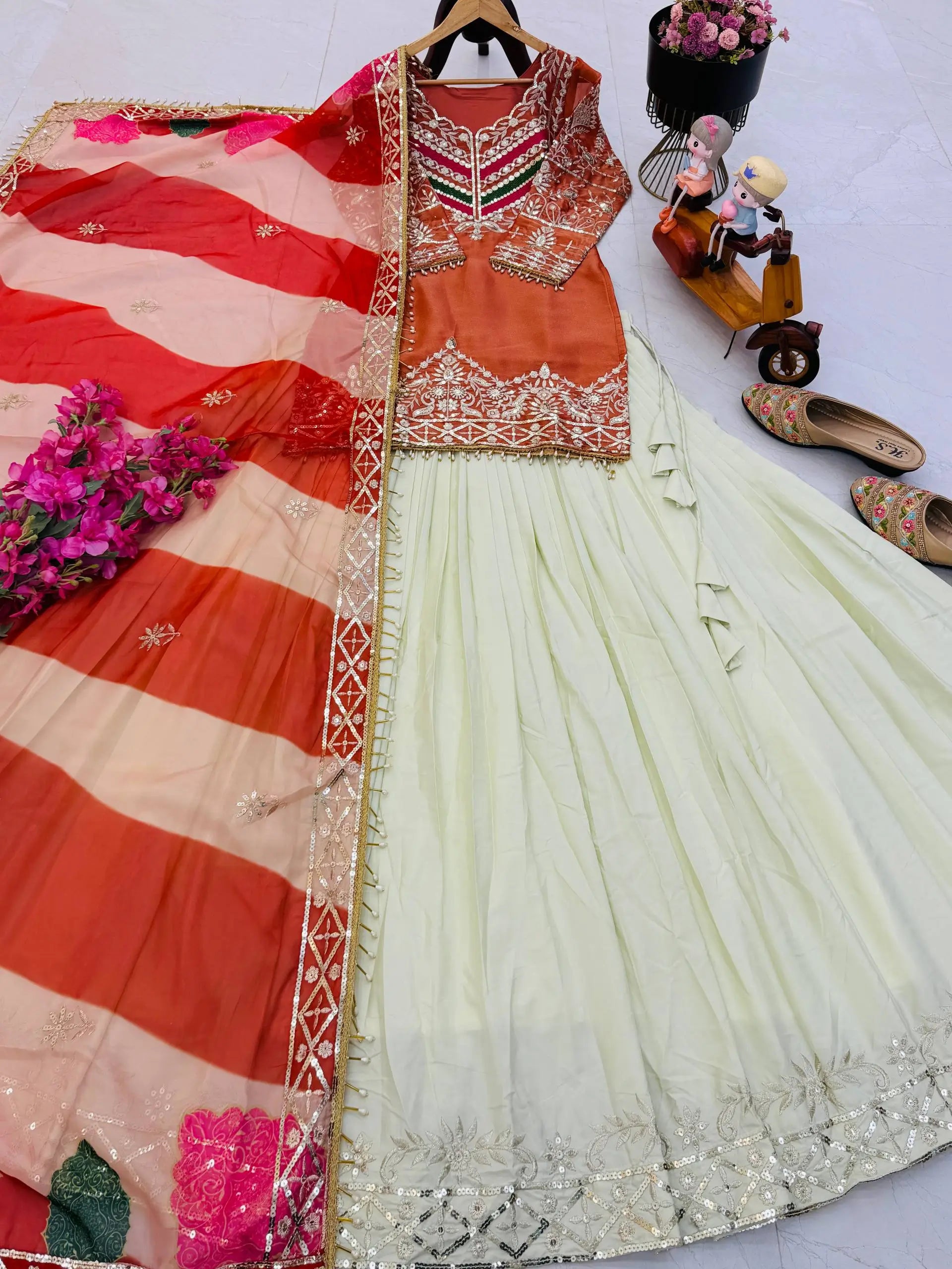 Teal Fandy Silk Embroidered Sequin Top with Crepe Silk Flared Lehenga & Printed Organza Dupatta | Wedding Festive Wear