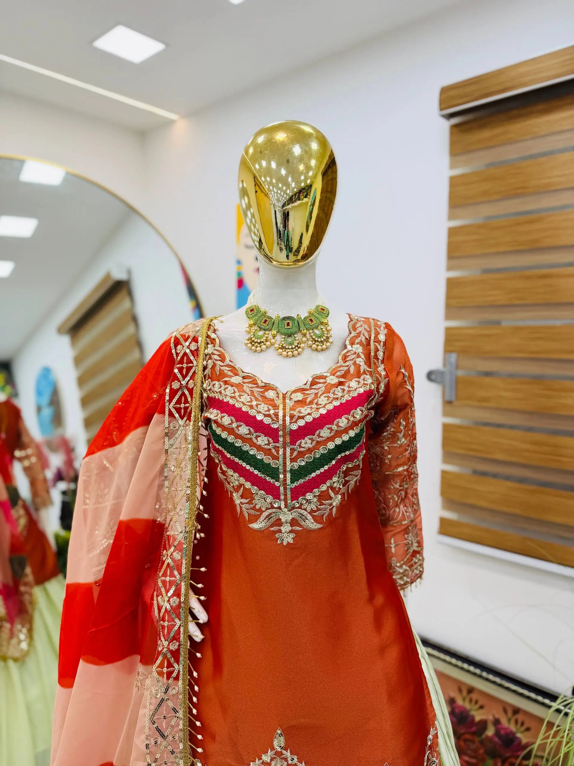 Teal Fandy Silk Embroidered Sequin Top with Crepe Silk Flared Lehenga & Printed Organza Dupatta | Wedding Festive Wear