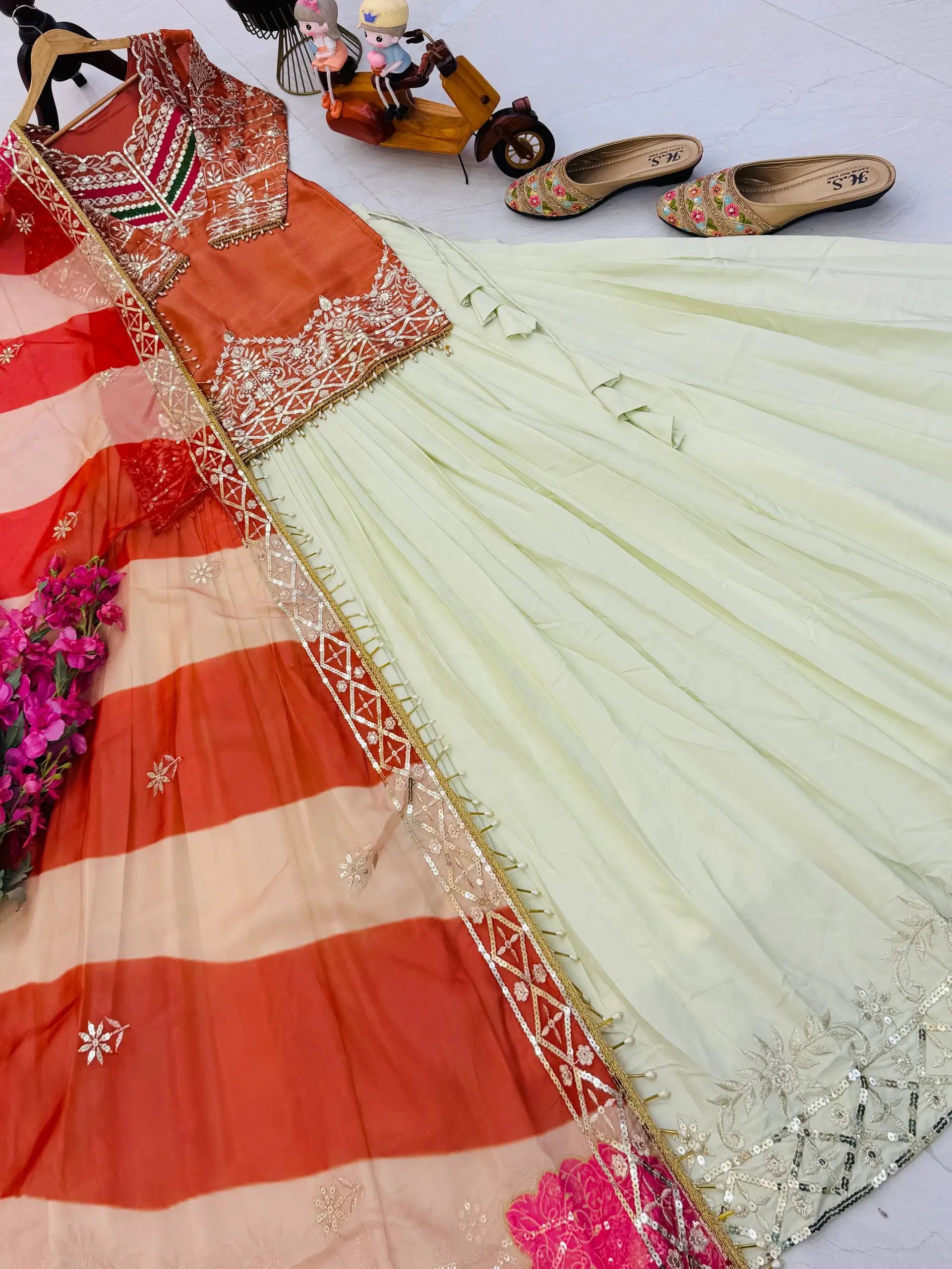 Teal Fandy Silk Embroidered Sequin Top with Crepe Silk Flared Lehenga & Printed Organza Dupatta | Wedding Festive Wear