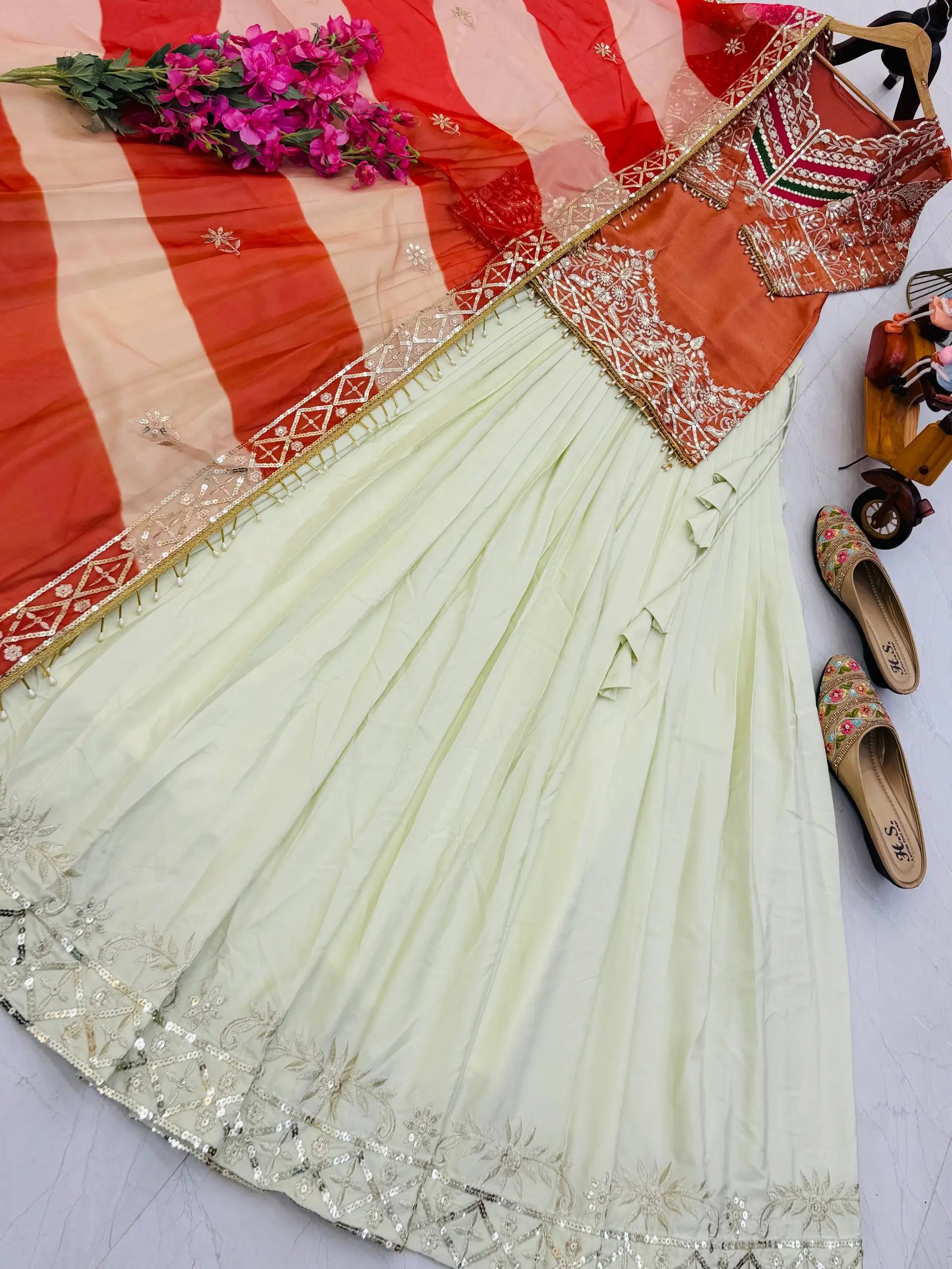 Teal Fandy Silk Embroidered Sequin Top with Crepe Silk Flared Lehenga & Printed Organza Dupatta | Wedding Festive Wear