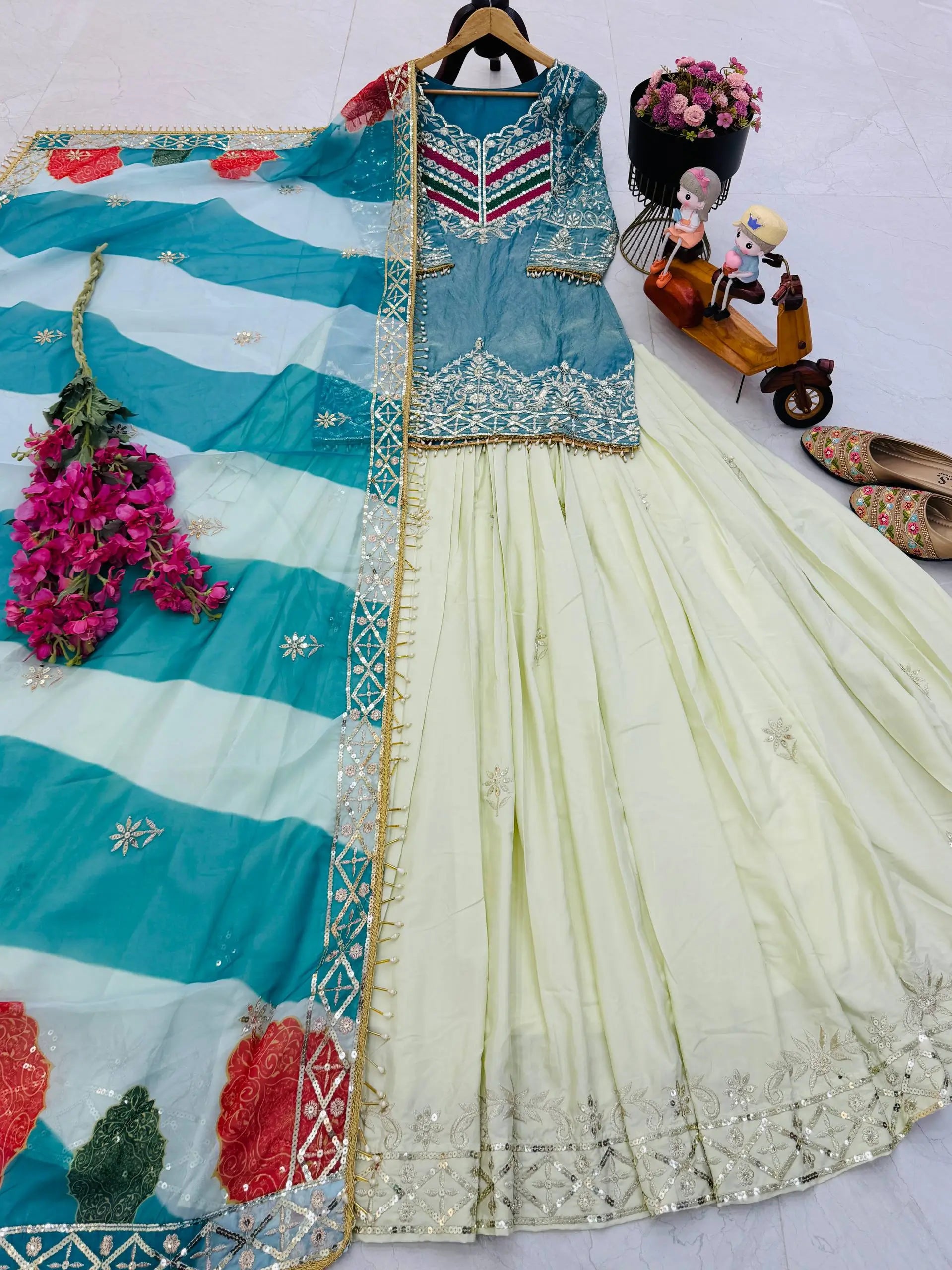 Teal Fandy Silk Embroidered Sequin Top with Crepe Silk Flared Lehenga & Printed Organza Dupatta | Wedding Festive Wear