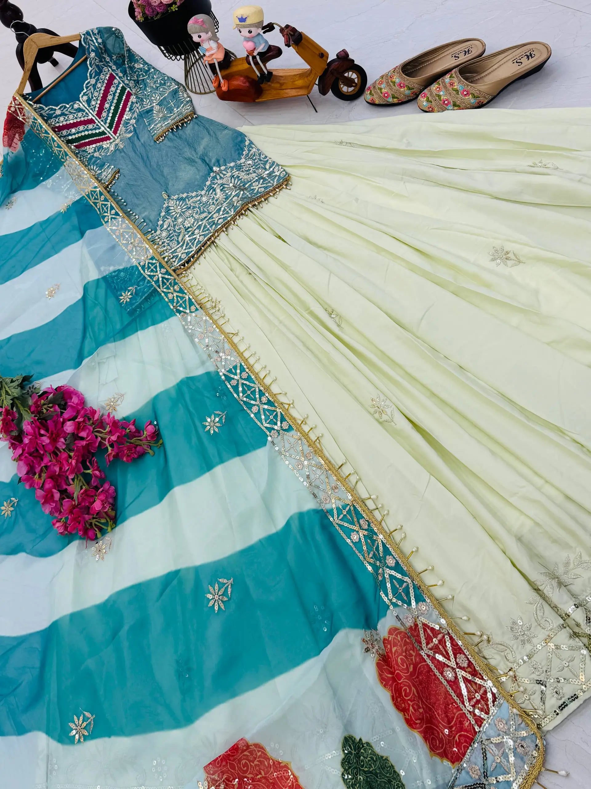 Teal Fandy Silk Embroidered Sequin Top with Crepe Silk Flared Lehenga & Printed Organza Dupatta | Wedding Festive Wear