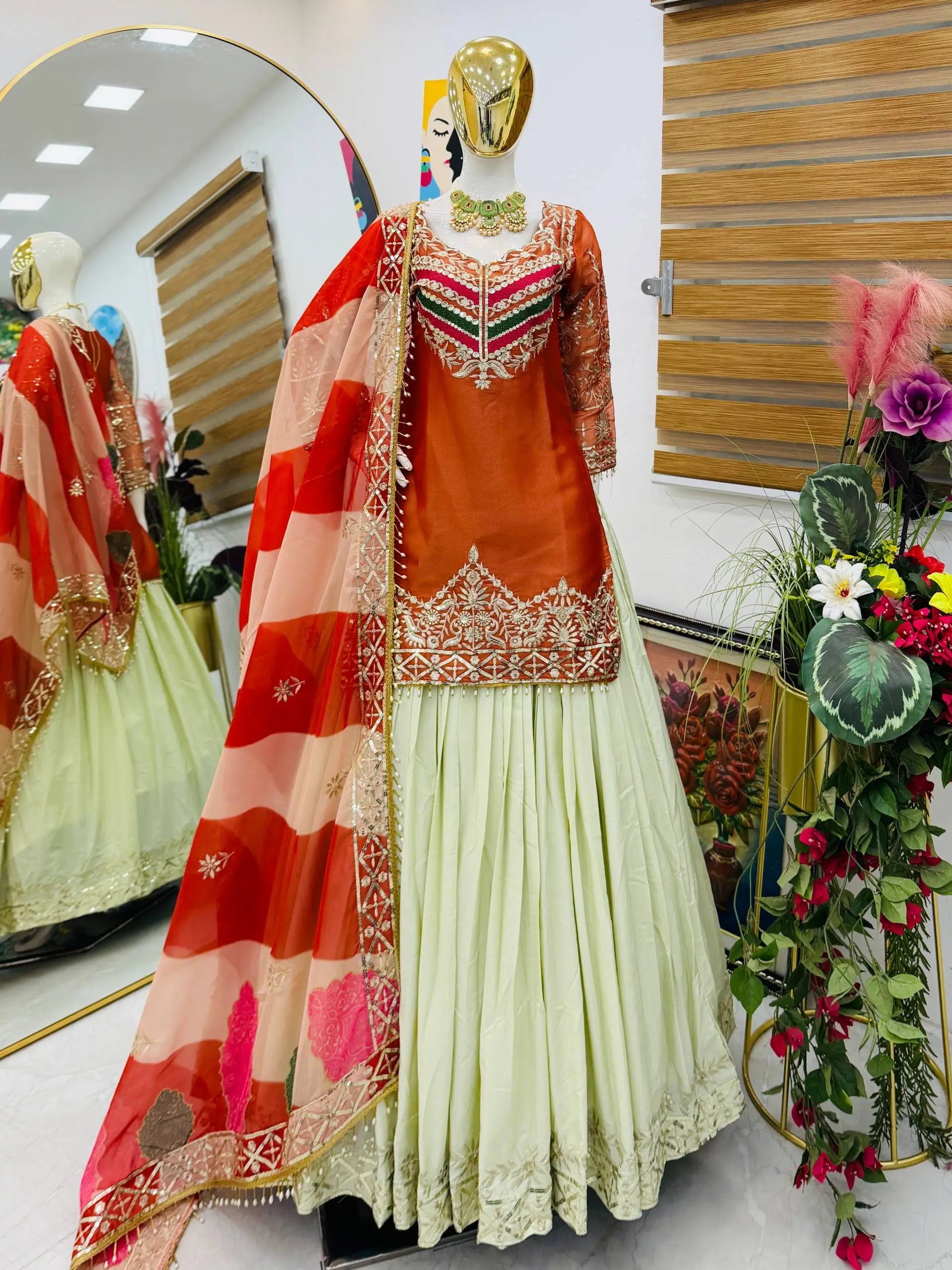 Teal Fandy Silk Embroidered Sequin Top with Crepe Silk Flared Lehenga & Printed Organza Dupatta | Wedding Festive Wear