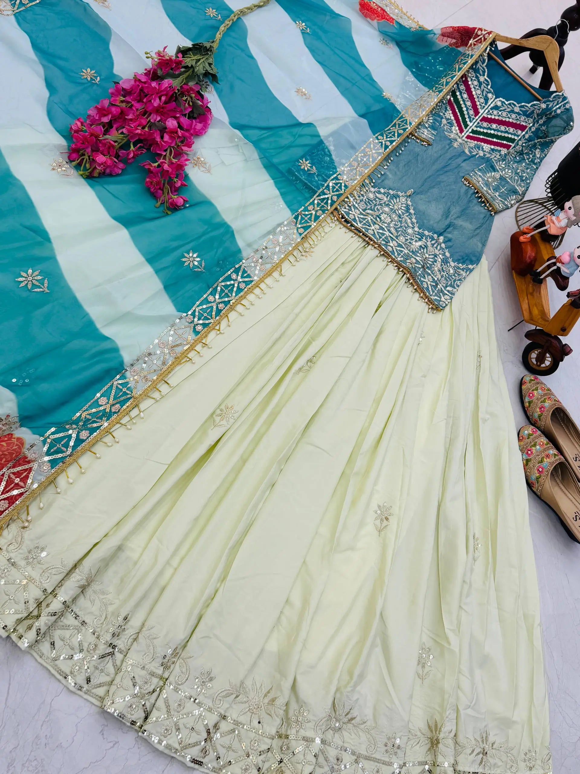 Teal Fandy Silk Embroidered Sequin Top with Crepe Silk Flared Lehenga & Printed Organza Dupatta | Wedding Festive Wear