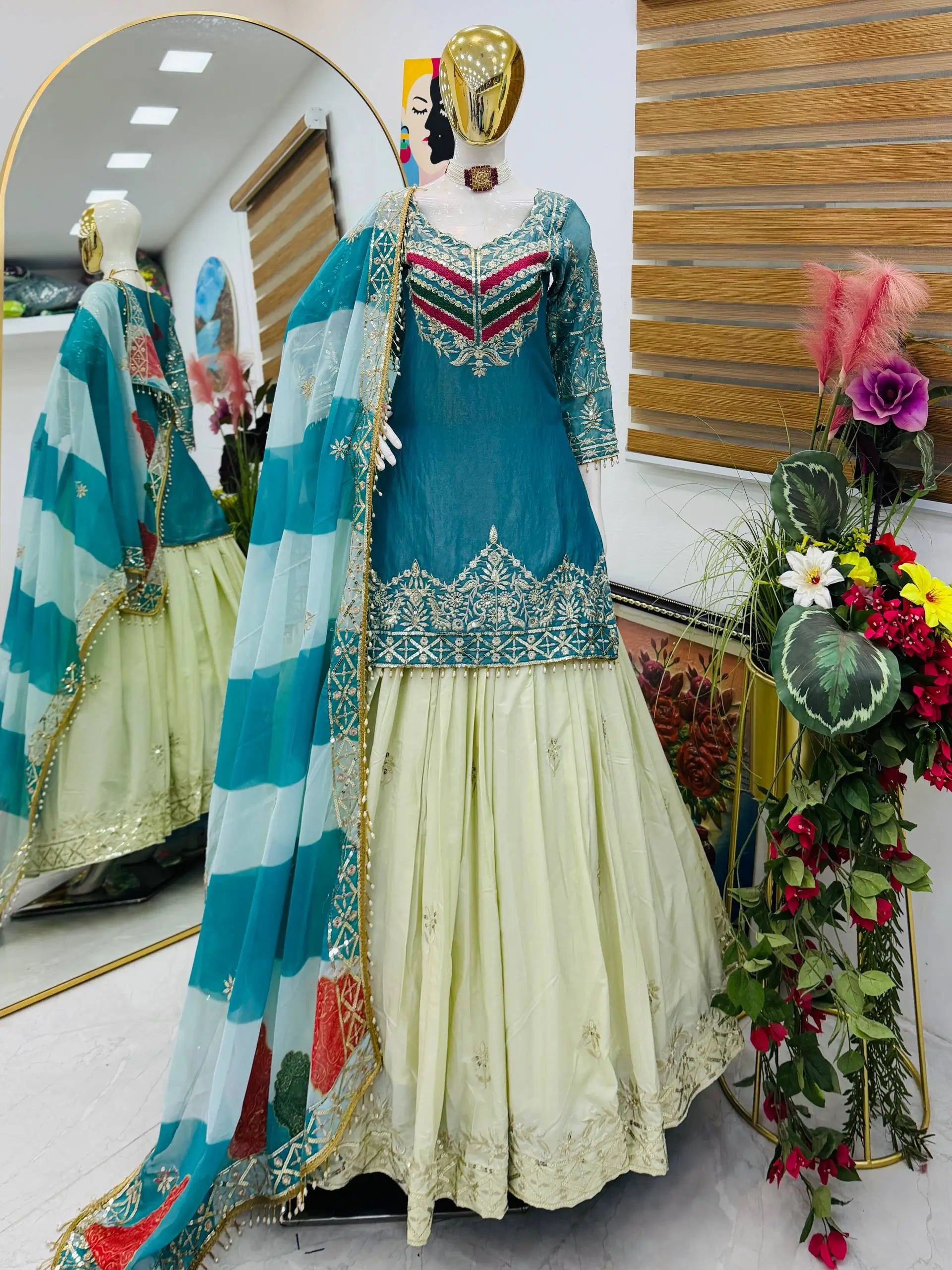 Teal Fandy Silk Embroidered Sequin Top with Crepe Silk Flared Lehenga & Printed Organza Dupatta | Wedding Festive Wear