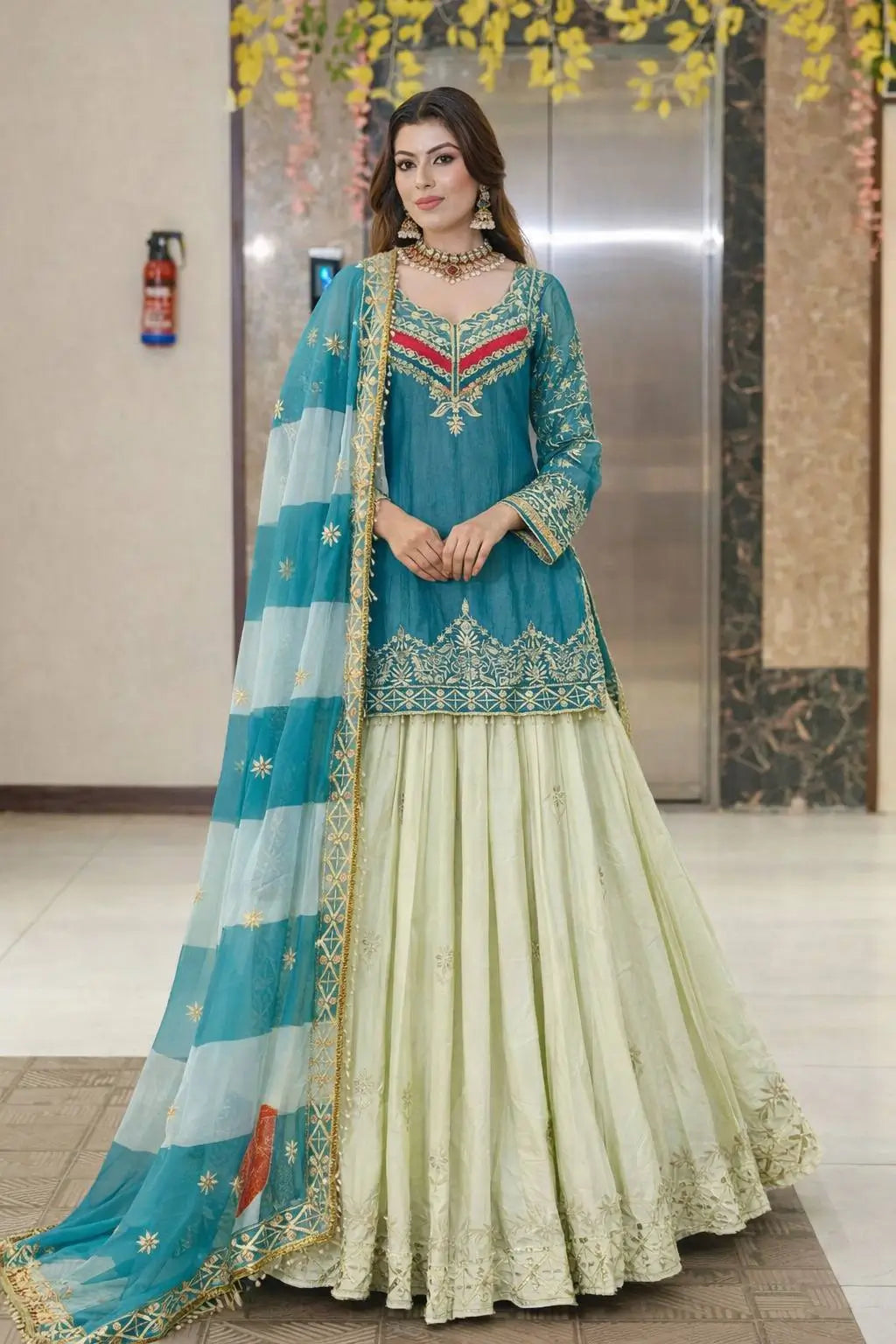 Teal Fandy Silk Embroidered Sequin Top with Crepe Silk Flared Lehenga & Printed Organza Dupatta | Wedding Festive Wear