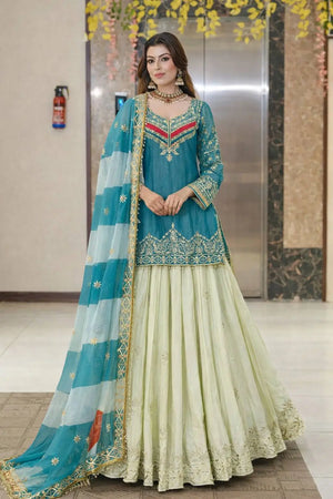 Teal Fandy Silk Embroidered Sequin Top with Crepe Silk Flared Lehenga & Printed Organza Dupatta | Wedding Festive Wear
