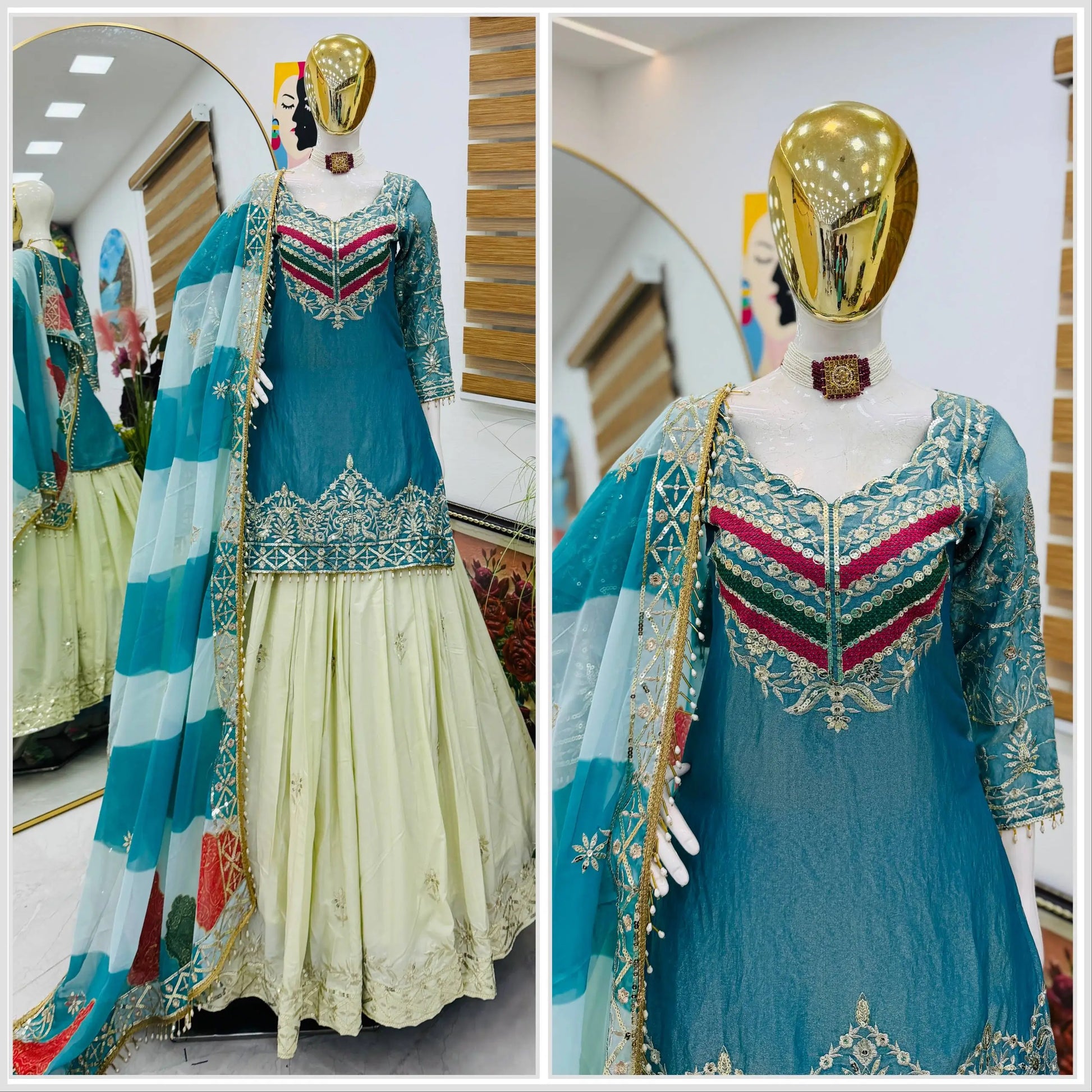 Teal Fandy Silk Embroidered Sequin Top with Crepe Silk Flared Lehenga & Printed Organza Dupatta | Wedding Festive Wear