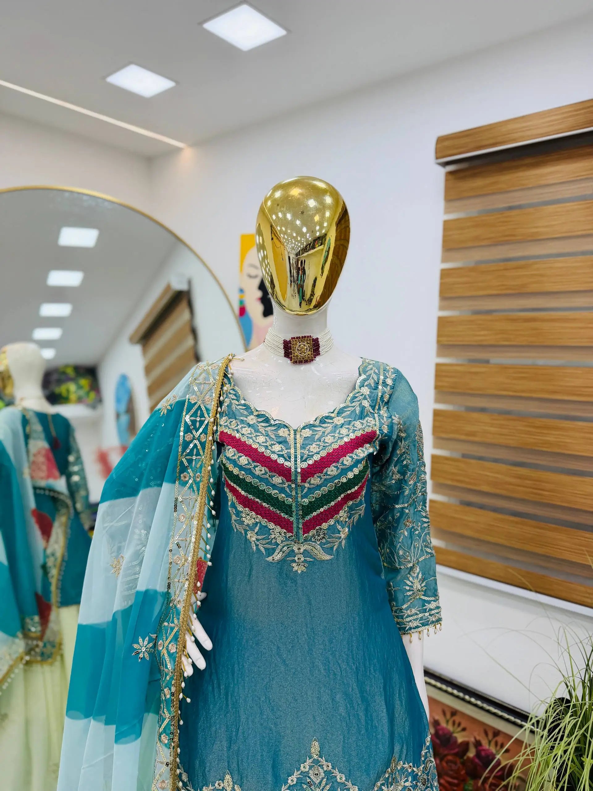 Teal Fandy Silk Embroidered Sequin Top with Crepe Silk Flared Lehenga & Printed Organza Dupatta | Wedding Festive Wear