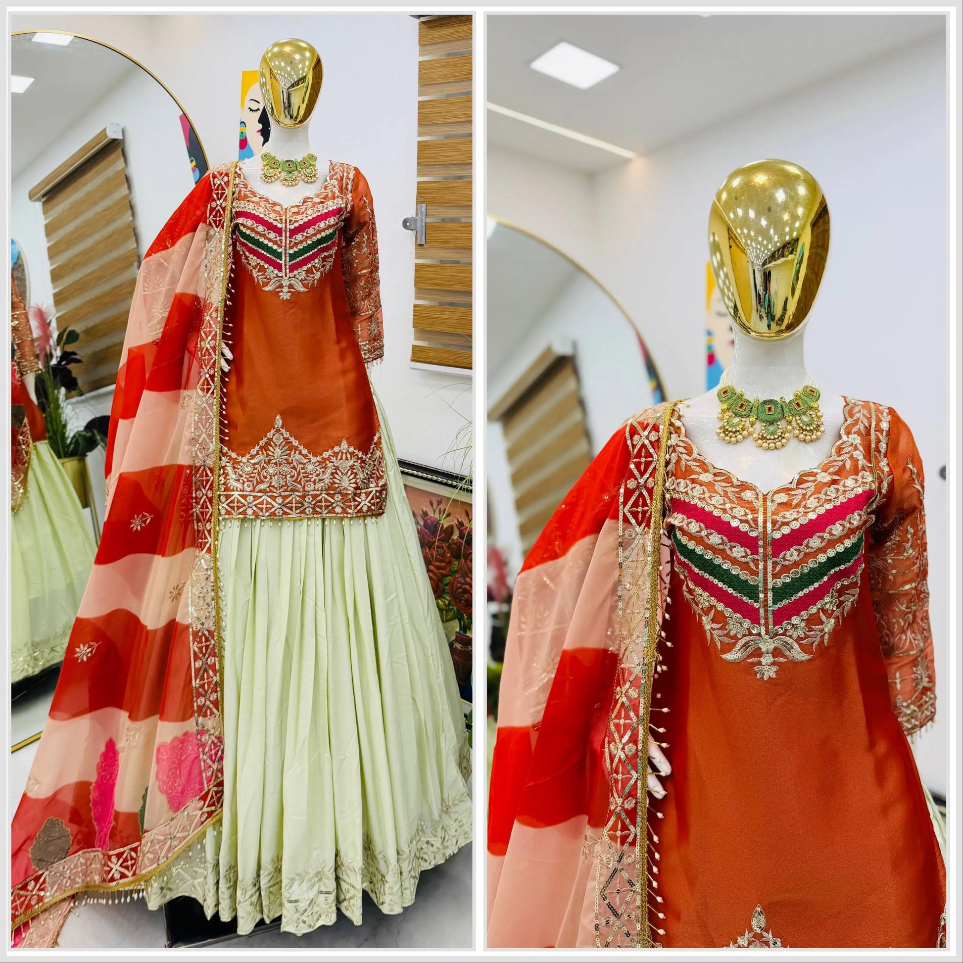 Teal Fandy Silk Embroidered Sequin Top with Crepe Silk Flared Lehenga & Printed Organza Dupatta | Wedding Festive Wear