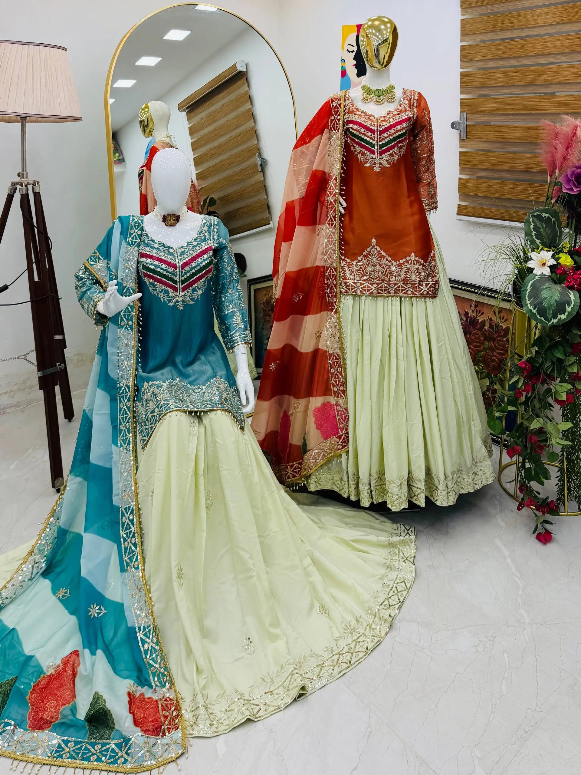 Teal Fandy Silk Embroidered Sequin Top with Crepe Silk Flared Lehenga & Printed Organza Dupatta | Wedding Festive Wear
