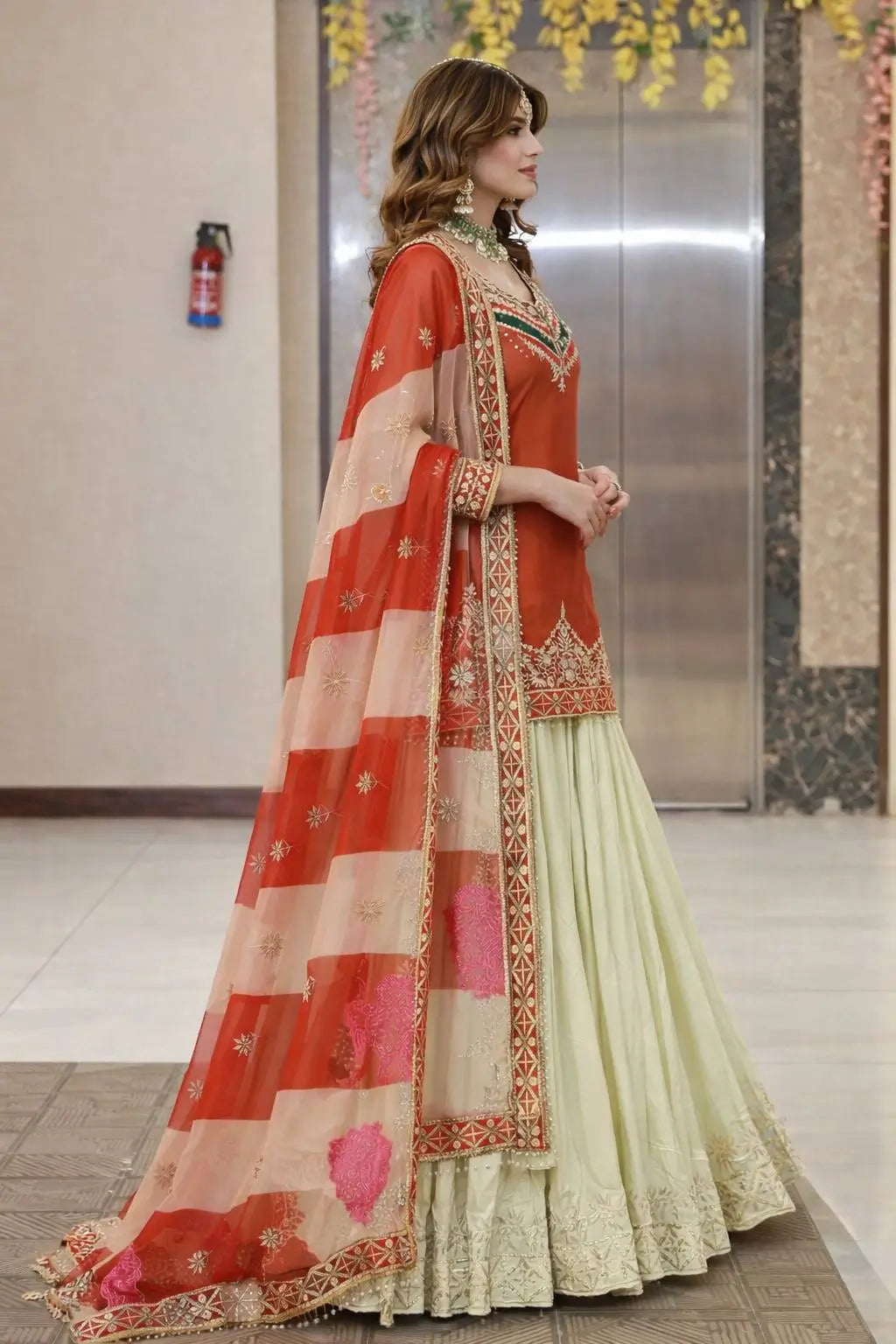 Teal Fandy Silk Embroidered Sequin Top with Crepe Silk Flared Lehenga & Printed Organza Dupatta | Wedding Festive Wear