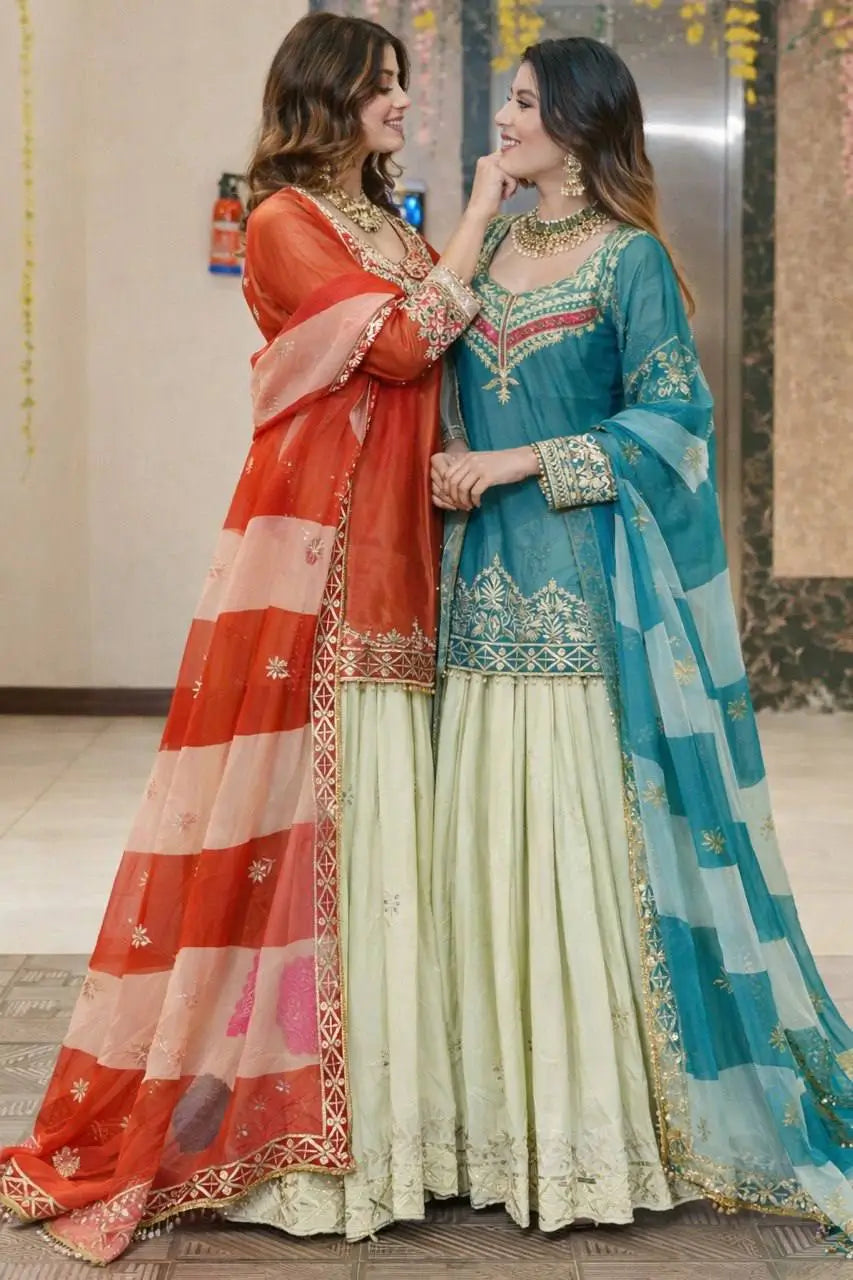 Teal Fandy Silk Embroidered Sequin Top with Crepe Silk Flared Lehenga & Printed Organza Dupatta | Wedding Festive Wear