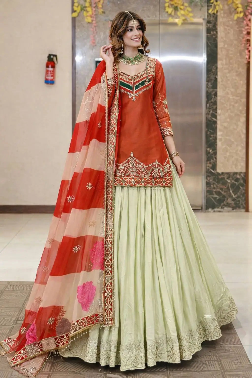 Teal Fandy Silk Embroidered Sequin Top with Crepe Silk Flared Lehenga & Printed Organza Dupatta | Wedding Festive Wear