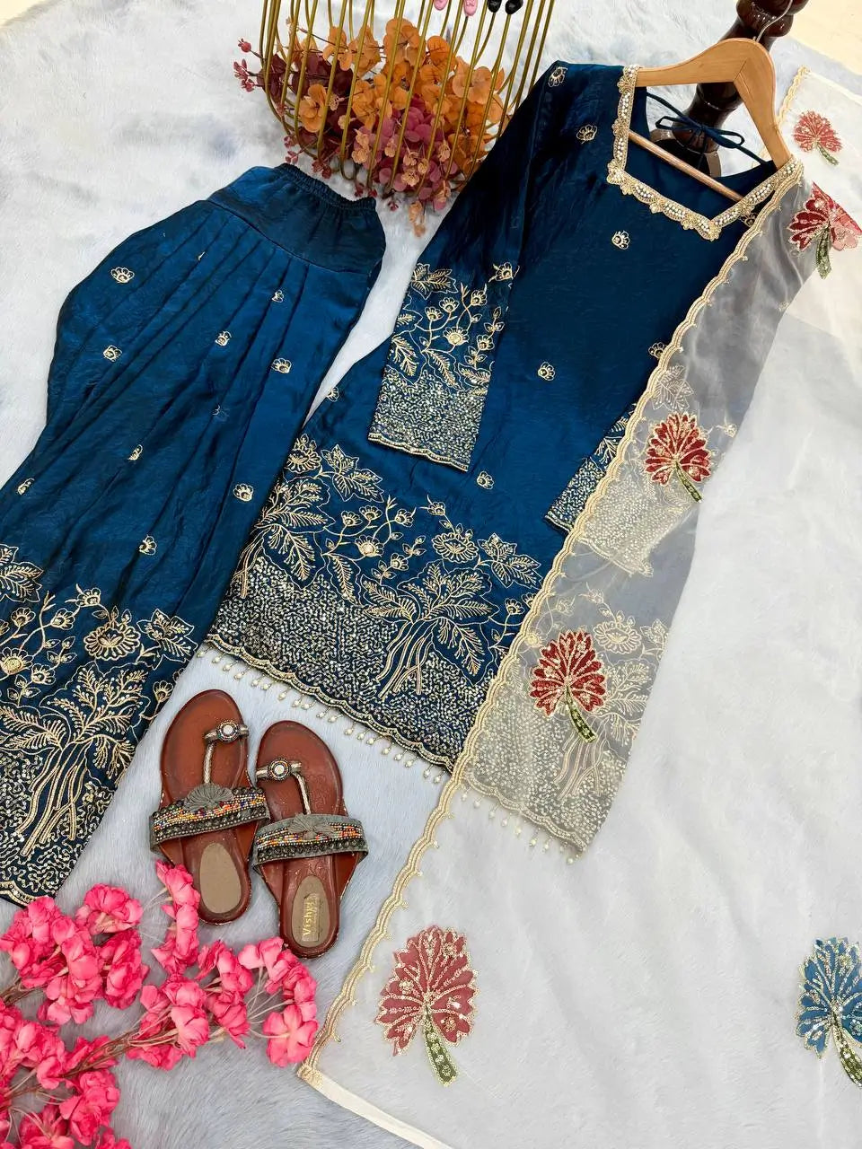 Teal Farshi Palazzo Suit Set