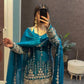 Teal Fendi Satin Heavy Embroidery Suit Set