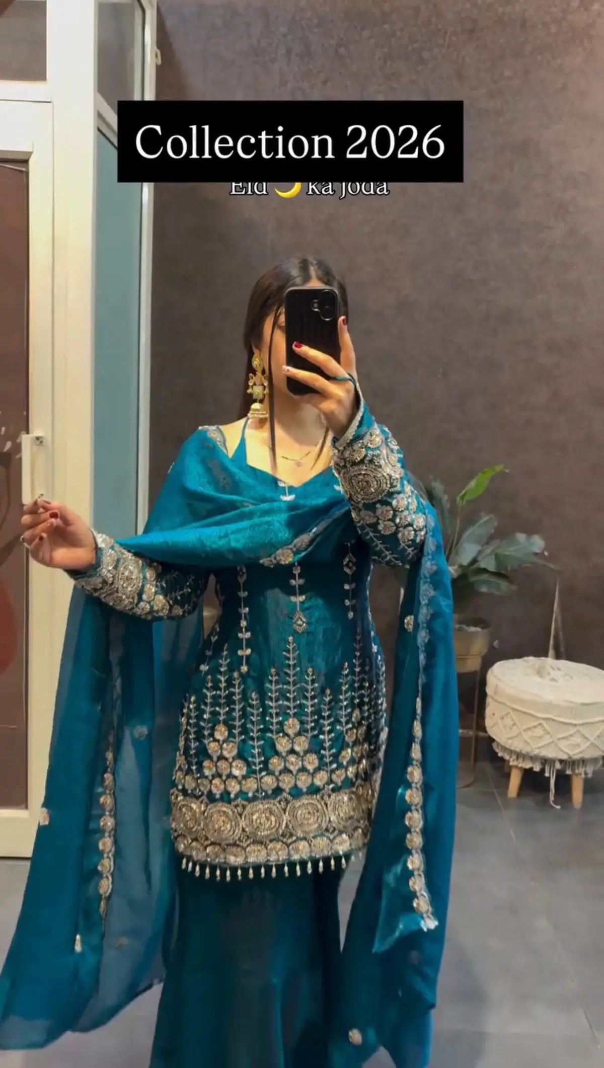 Teal Fendi Satin Heavy Embroidery Suit Set