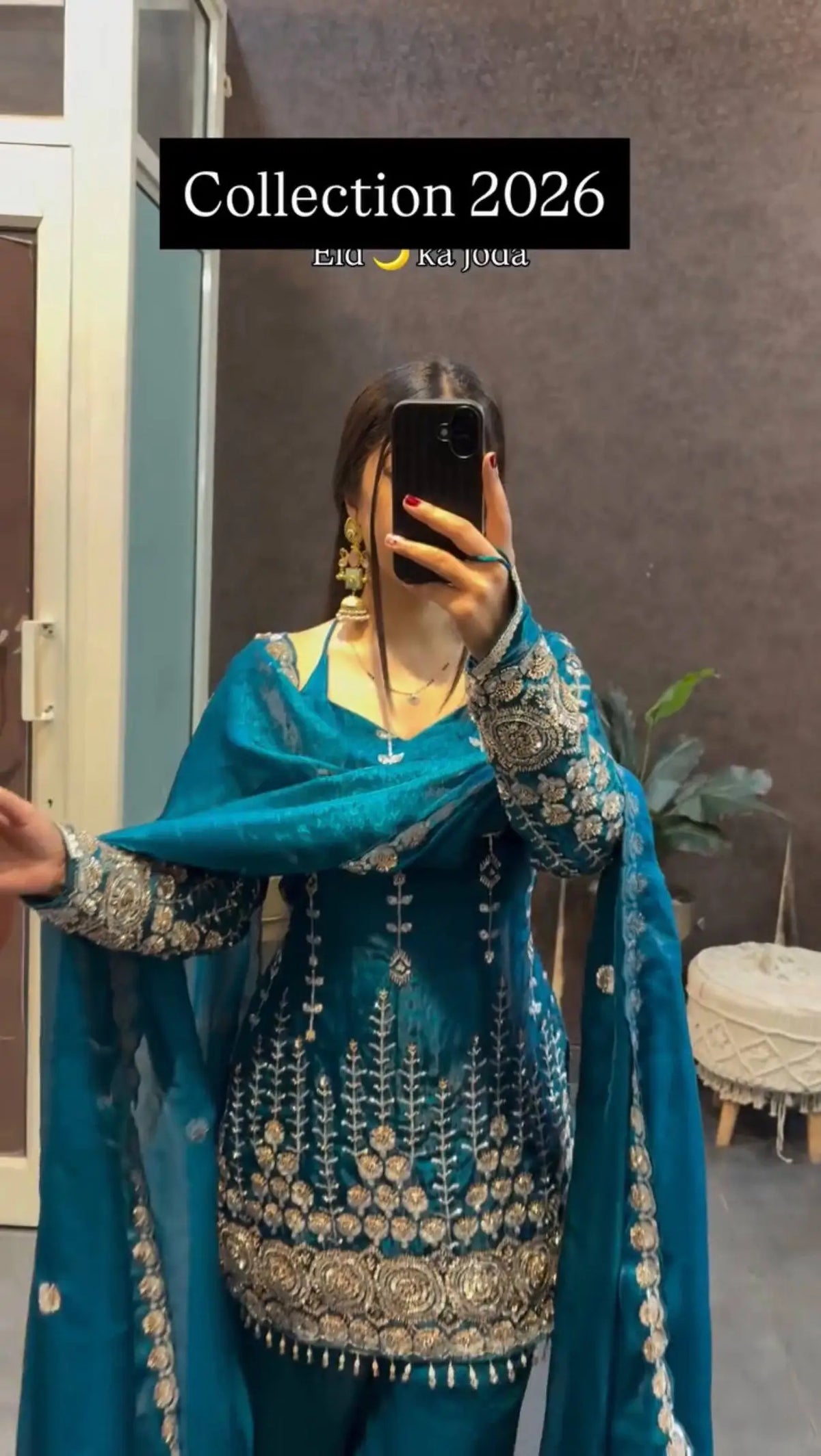 Teal Fendi Satin Heavy Embroidery Suit Set