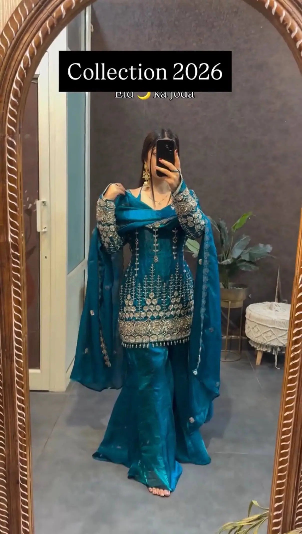 Teal Fendi Satin Heavy Embroidery Suit Set
