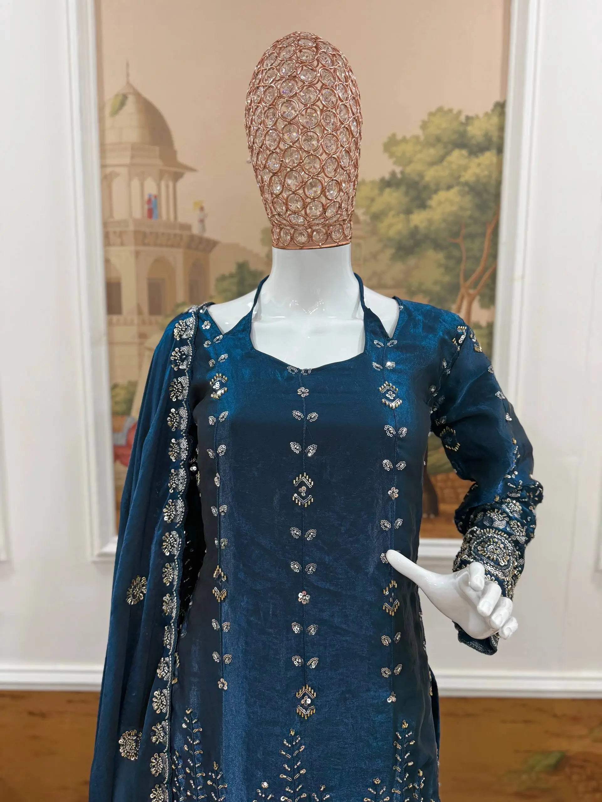Teal Fendi Satin Heavy Embroidery Suit Set