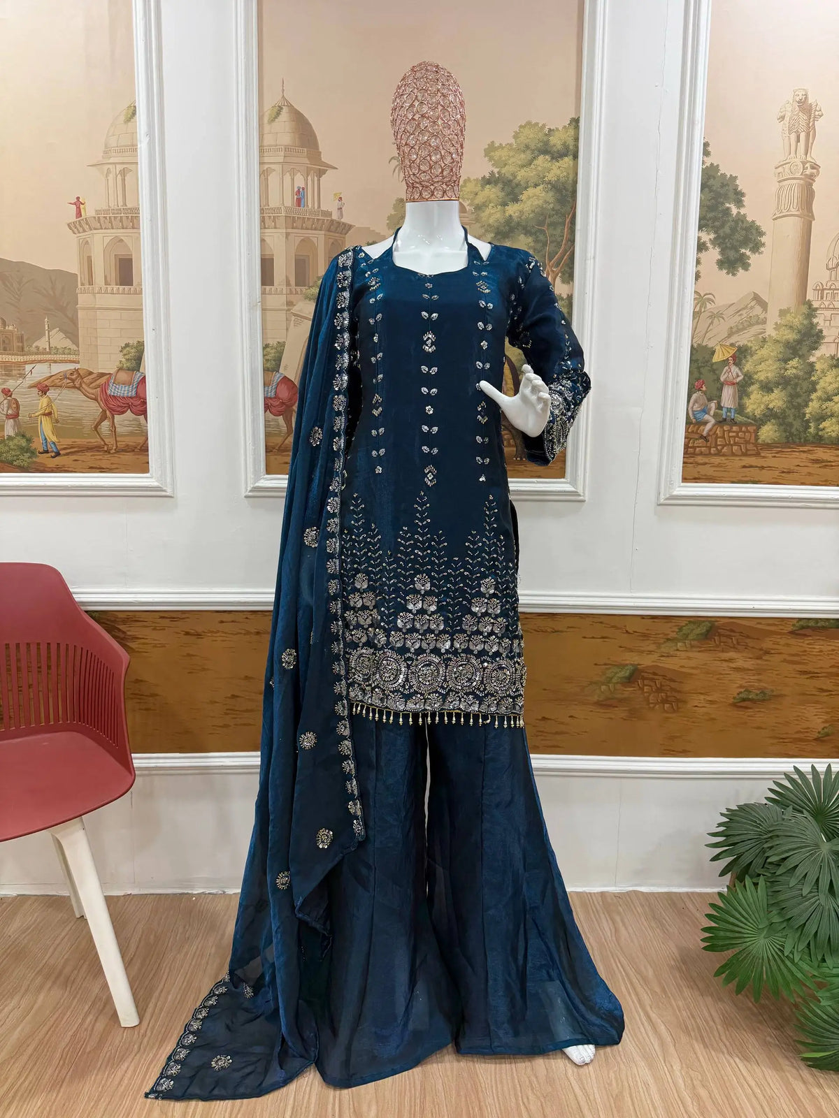 Teal Fendi Satin Heavy Embroidery Suit Set
