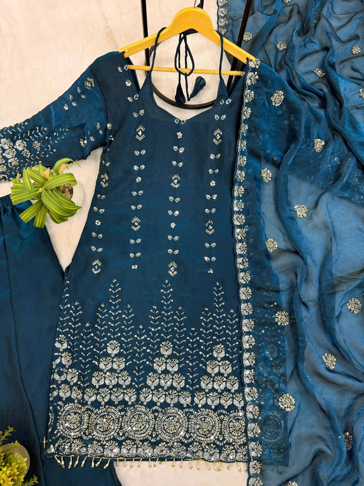 Teal Fendi Satin Heavy Embroidery Suit Set