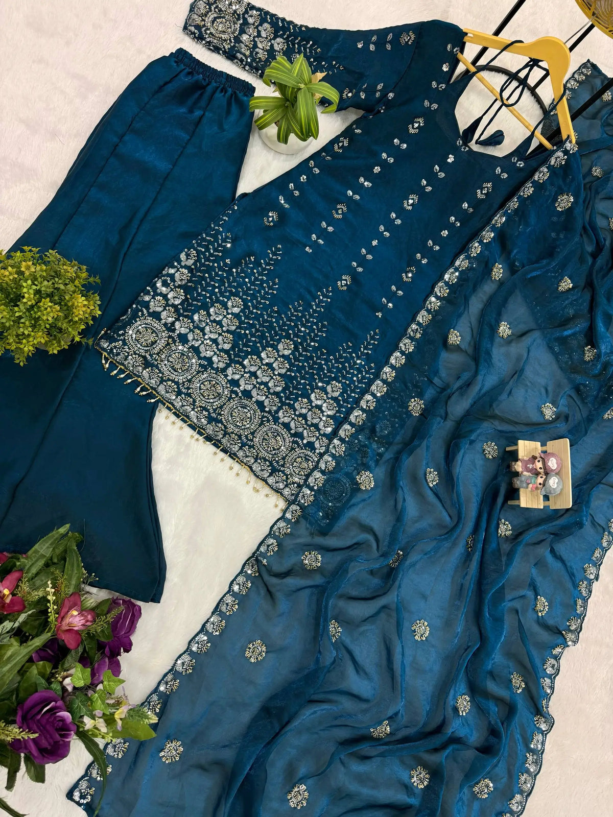 Teal Fendi Satin Heavy Embroidery Suit Set