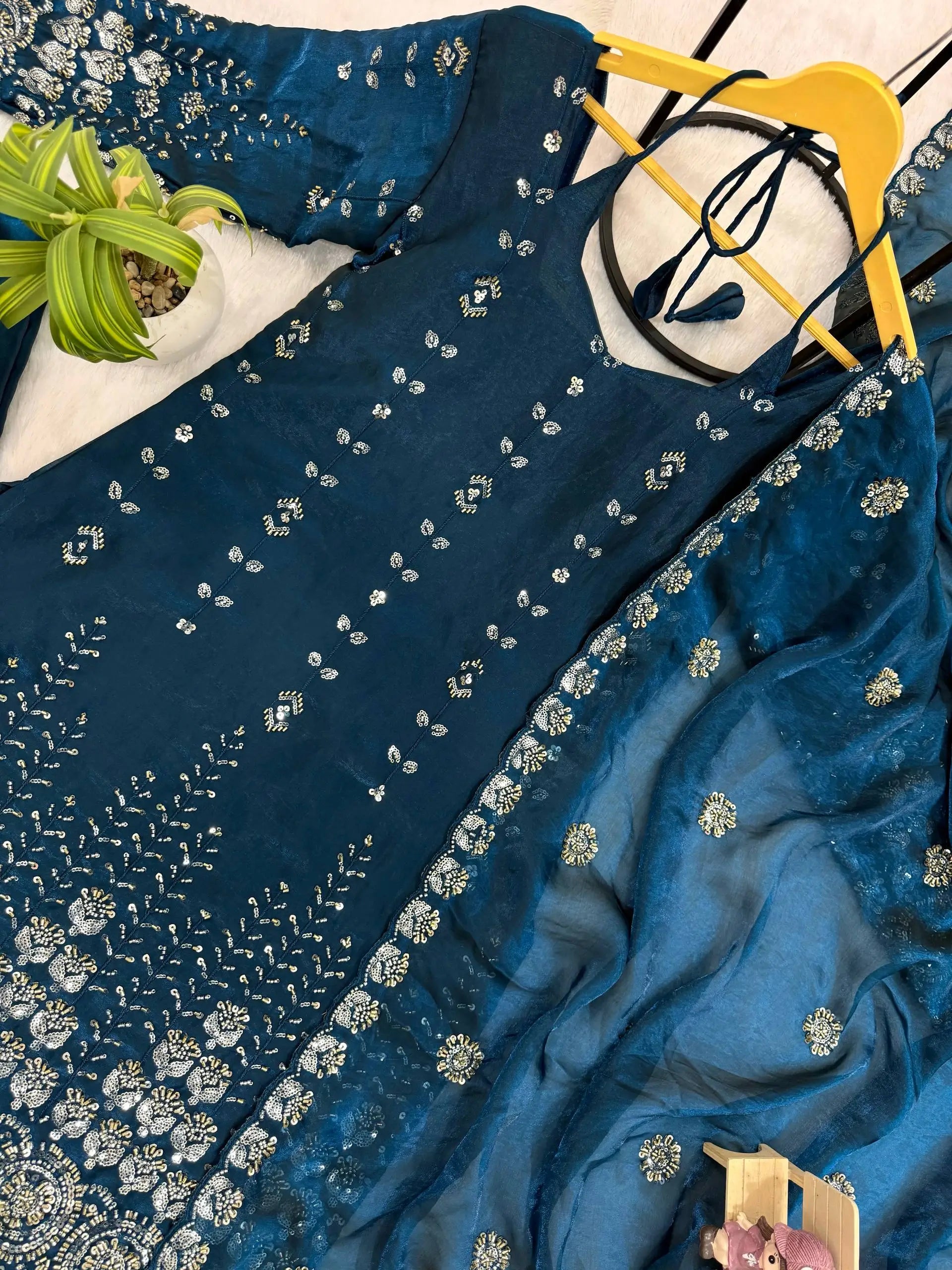 Teal Fendi Satin Heavy Embroidery Suit Set
