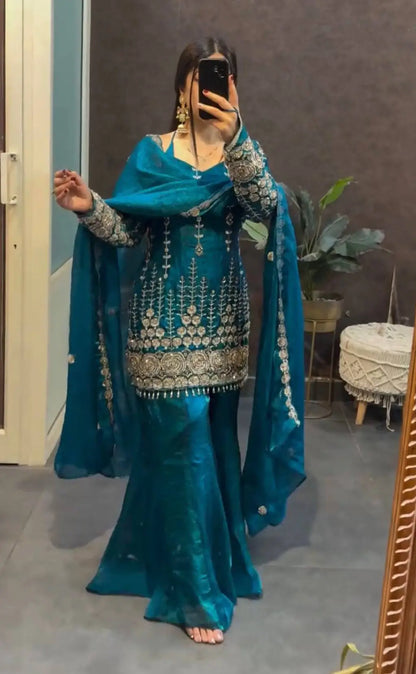 Teal Fendi Satin Heavy Embroidery Suit Set
