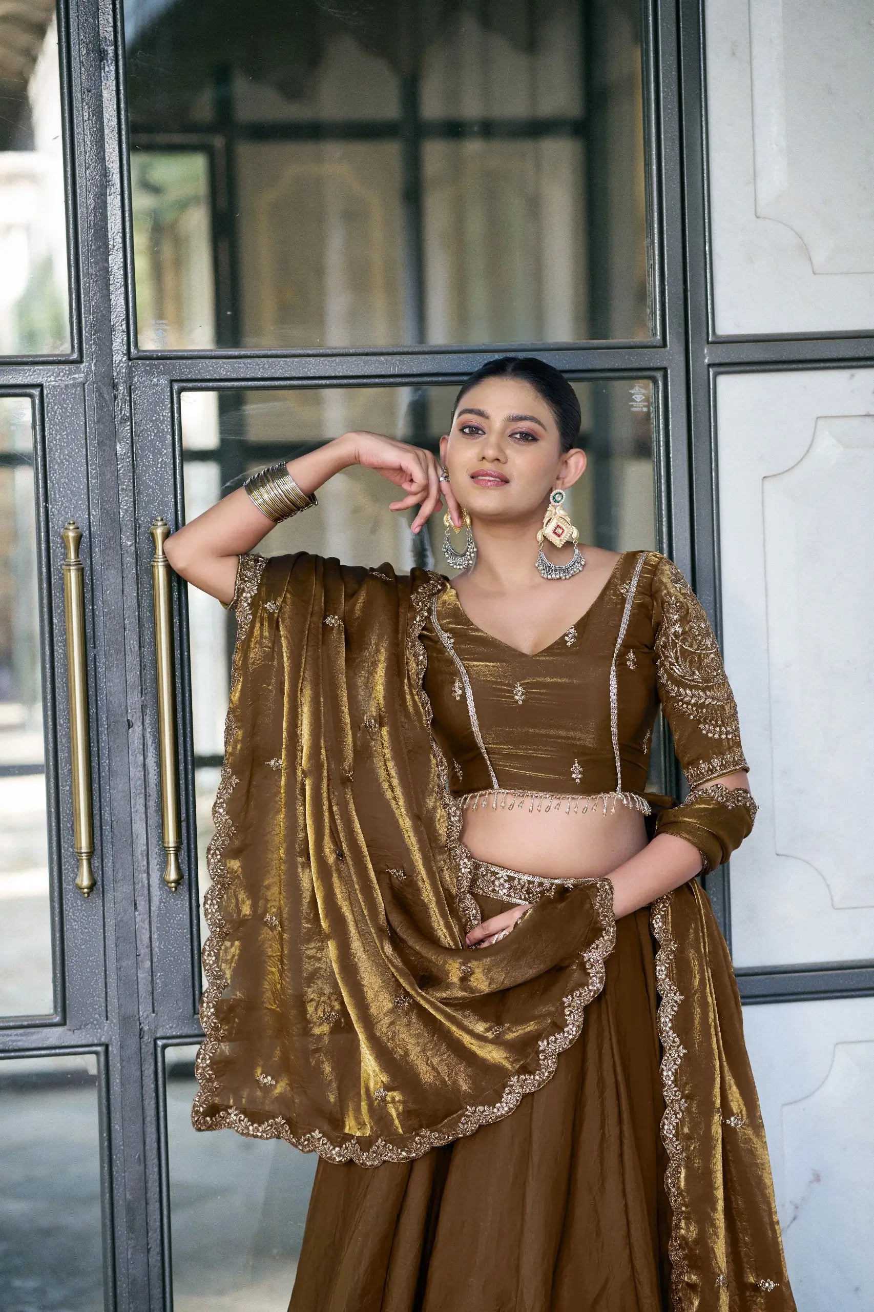 Teal Fendi Silk Embroidery Lehenga Set
