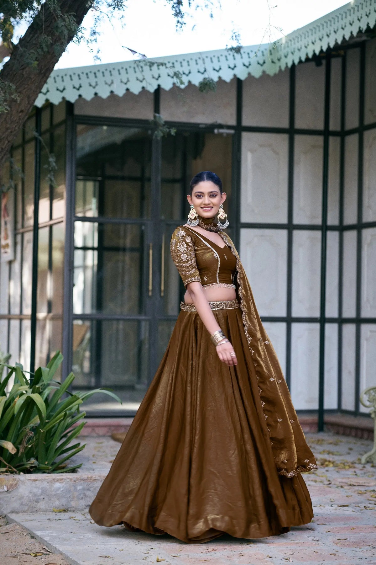Teal Fendi Silk Embroidery Lehenga Set
