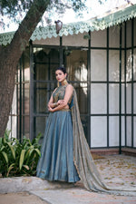 Teal Fendi Silk Embroidery Lehenga Set