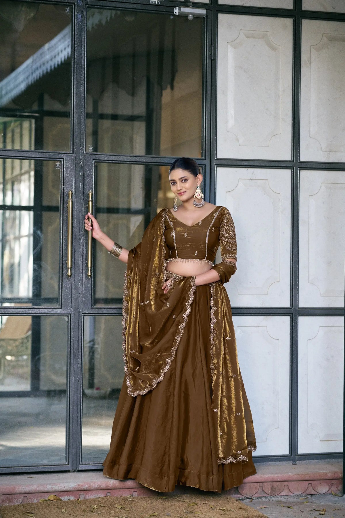 Teal Fendi Silk Embroidery Lehenga Set