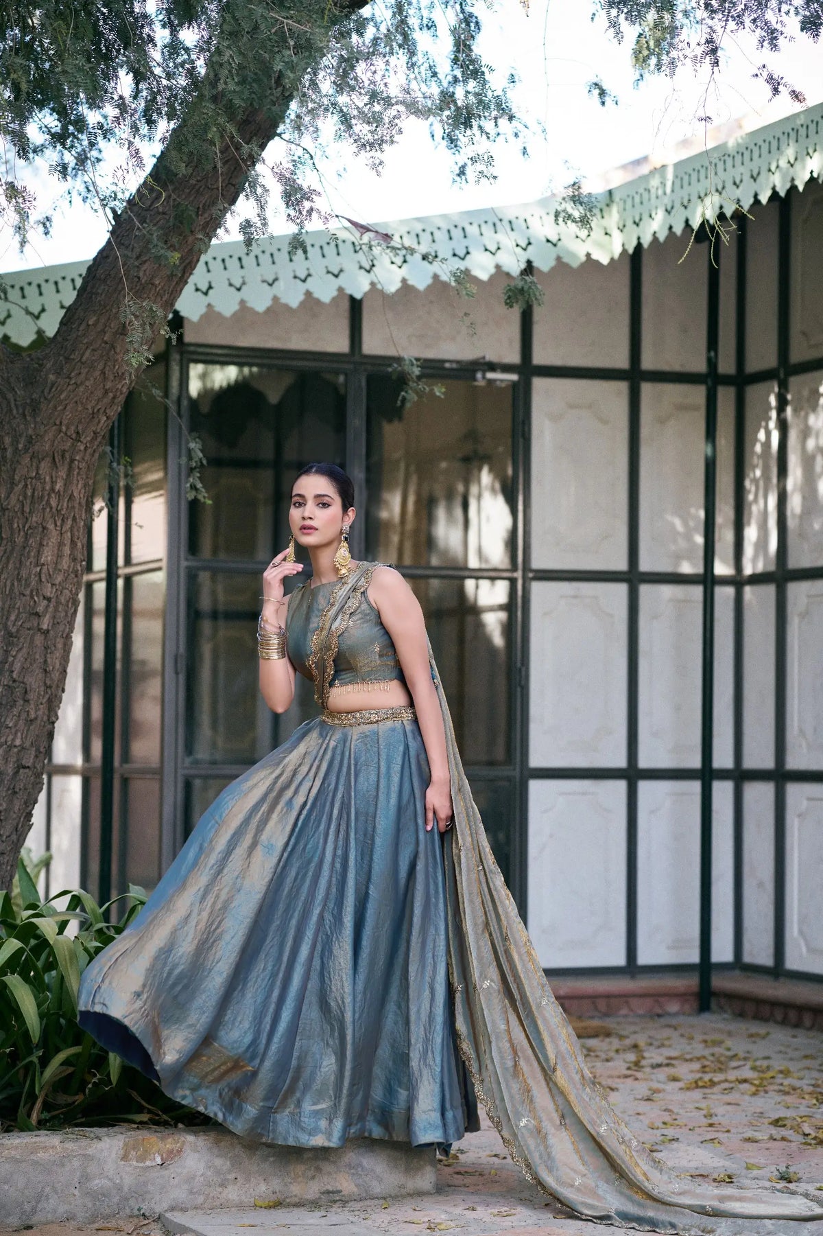 Teal Fendi Silk Embroidery Lehenga Set