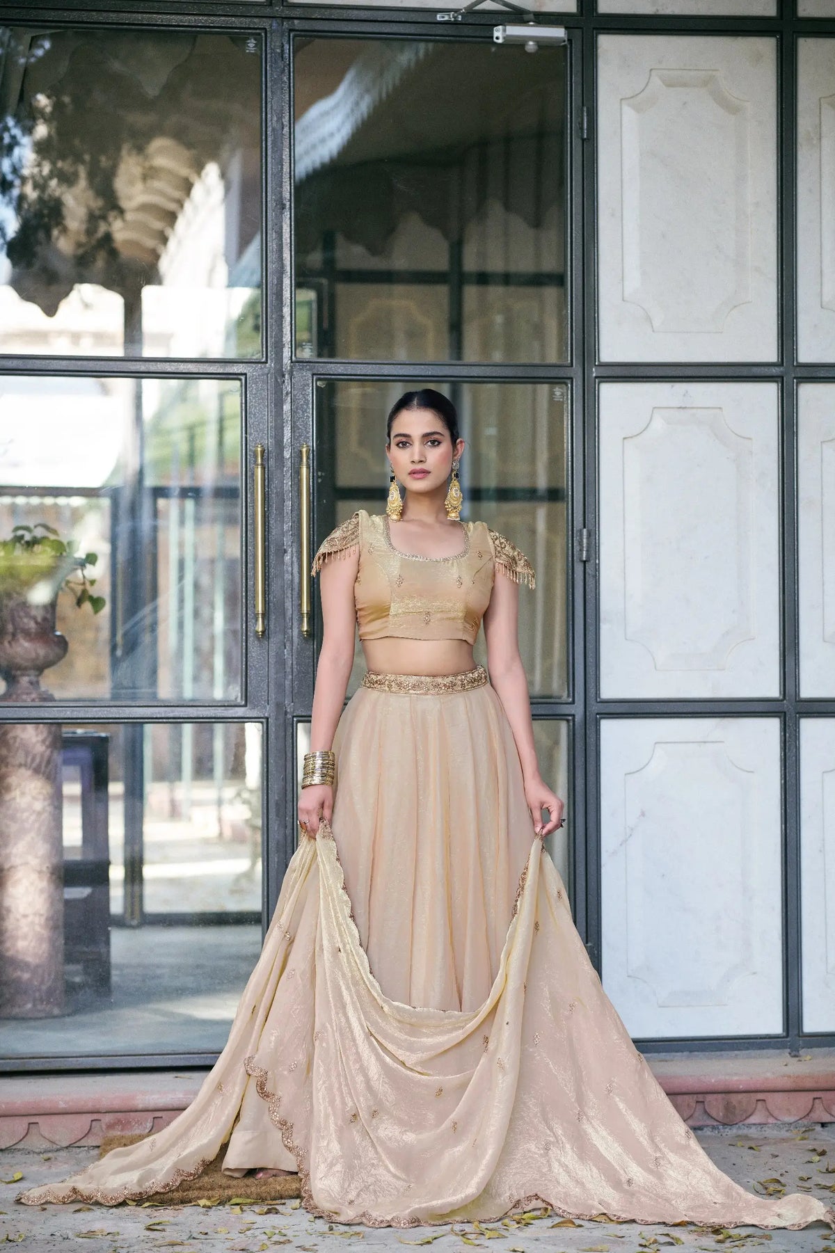 Teal Fendi Silk Embroidery Lehenga Set