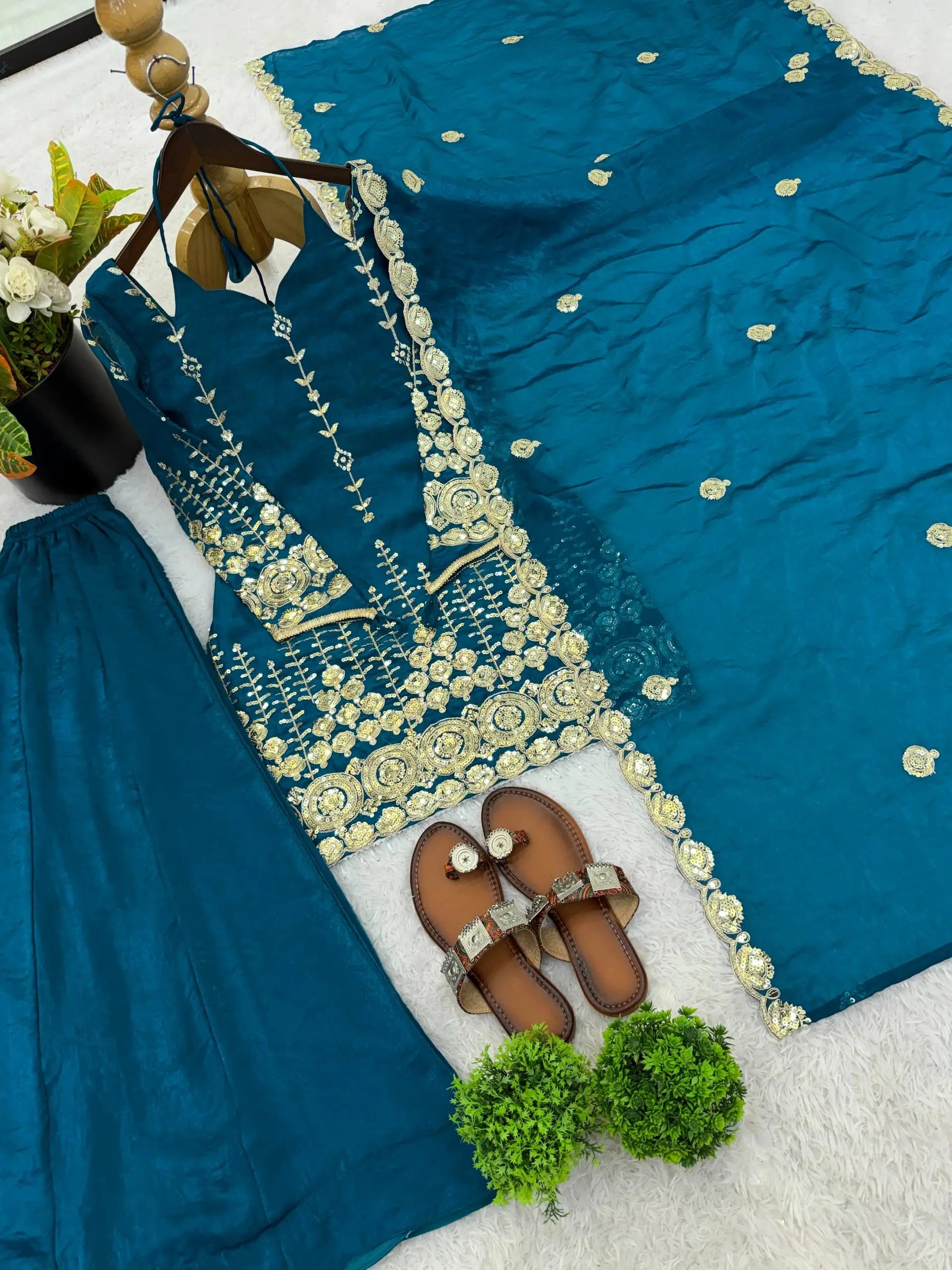 Teal Fendi Silk Sequin Sharara Set