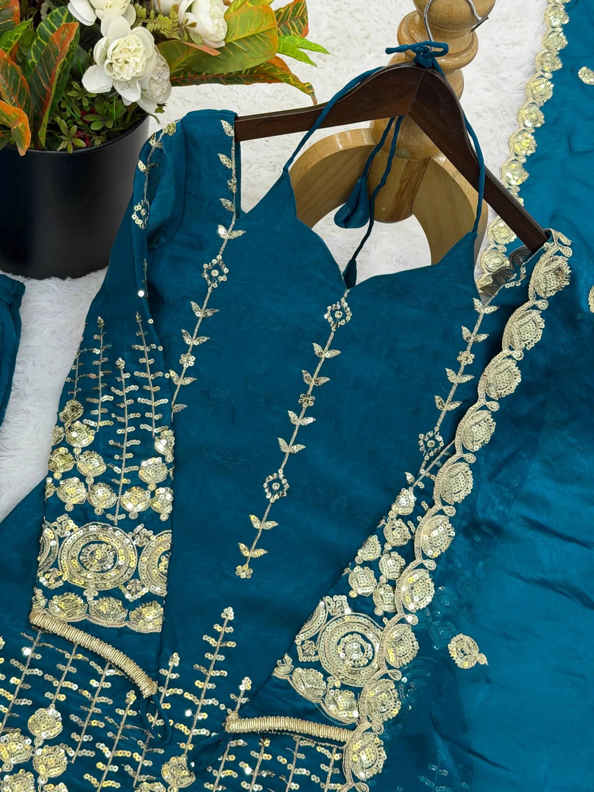Teal Fendi Silk Sequin Sharara Set